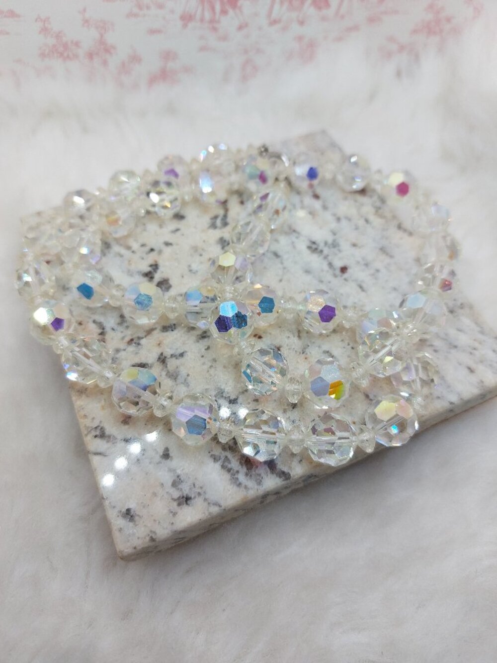 Vintage Faceted Aurora Borealis Crystal Beaded Necklace Spring Ring Closure